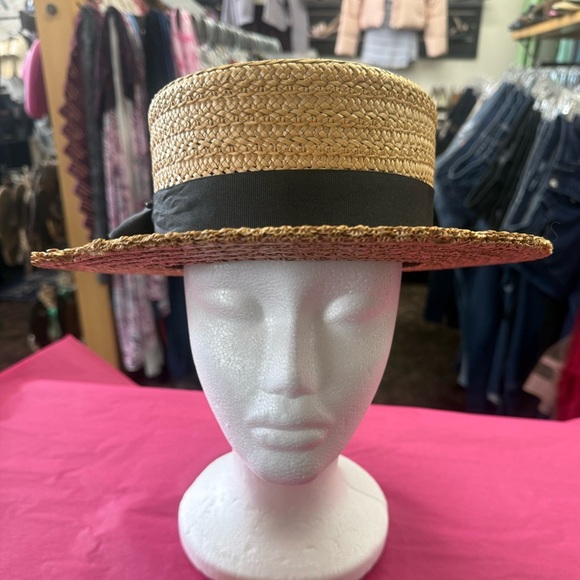 Vintage Straw Boater Hat Pilgrim Fashion Tower Flat Brim Black Ribbon main image 8